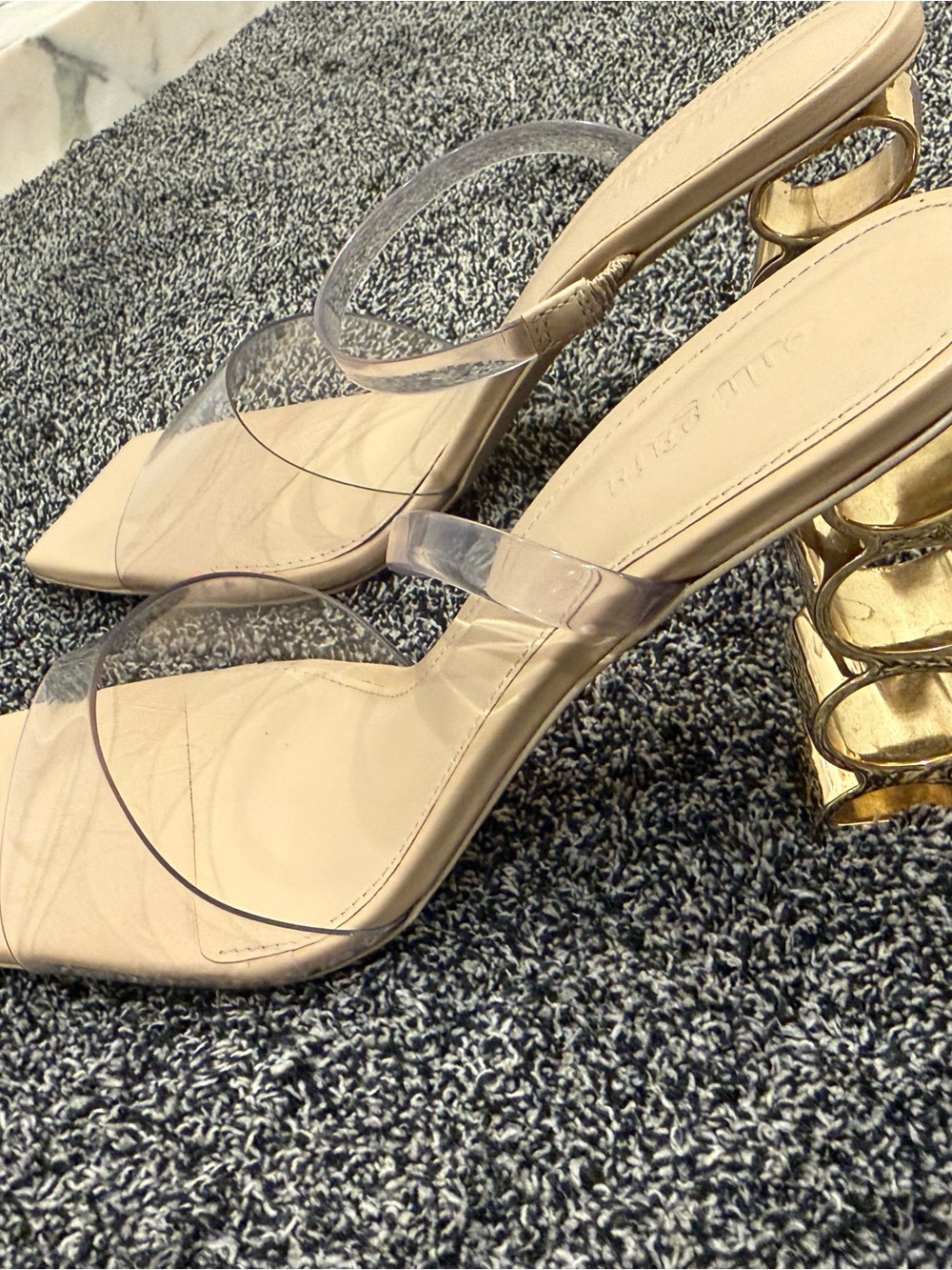 Cult Gaia Nude Clear-Strap Heels with Gold Sculptural Heel